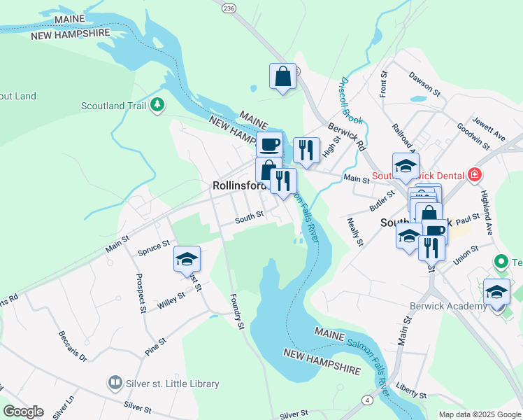 map of restaurants, bars, coffee shops, grocery stores, and more near 43 South Street in Rollinsford