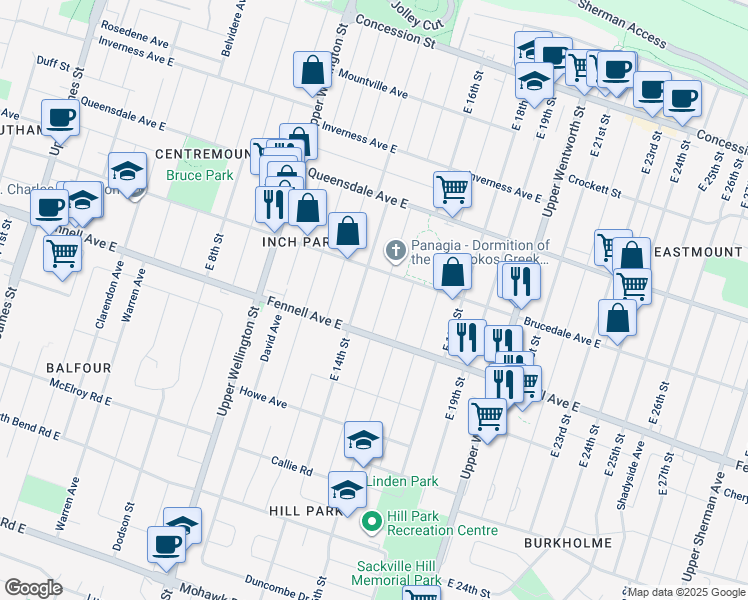 map of restaurants, bars, coffee shops, grocery stores, and more near 287 East 15th Street in Hamilton