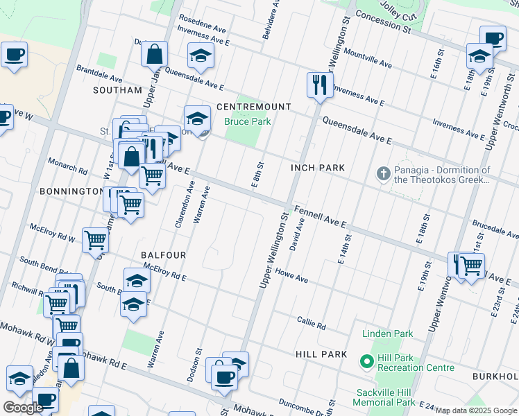 map of restaurants, bars, coffee shops, grocery stores, and more near 204 Hoover Crescent in Hamilton