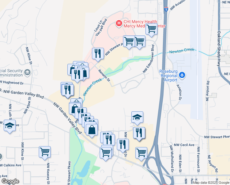 map of restaurants, bars, coffee shops, grocery stores, and more near 2403 Northwest Edenbower Boulevard in Roseburg