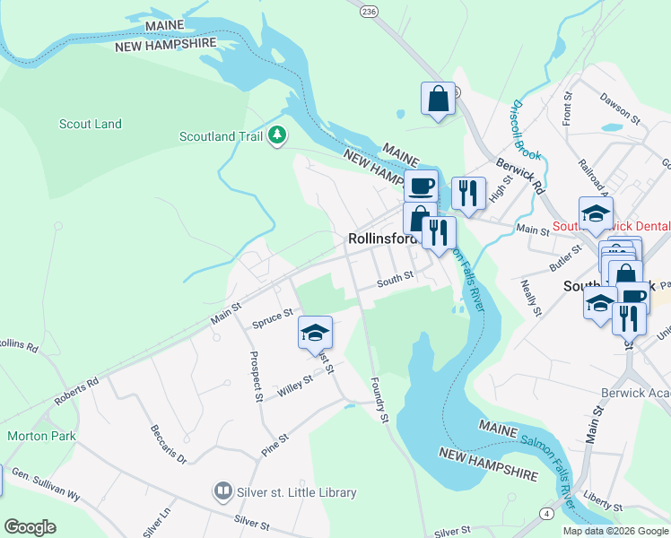 map of restaurants, bars, coffee shops, grocery stores, and more near 419 Foundry Street in Rollinsford