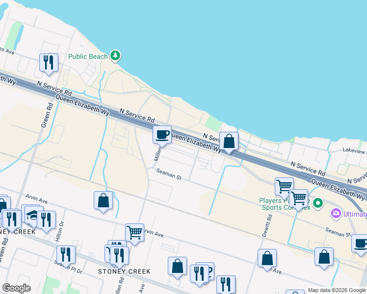 map of restaurants, bars, coffee shops, grocery stores, and more near 10 South Service Road in Hamilton