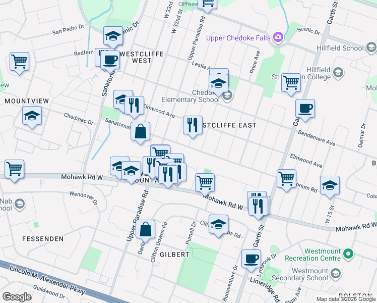 map of restaurants, bars, coffee shops, grocery stores, and more near in Hamilton