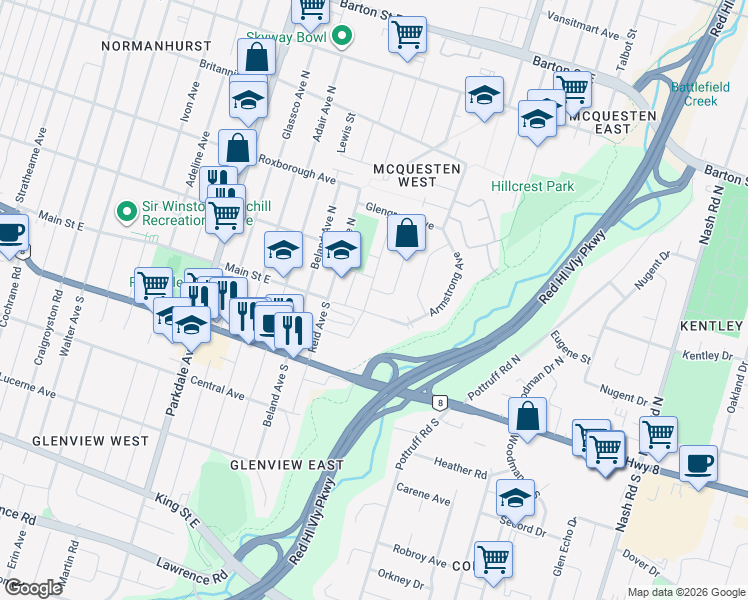 map of restaurants, bars, coffee shops, grocery stores, and more near 10 Bingham Road in Hamilton