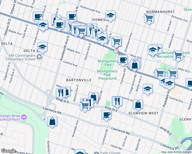 map of restaurants, bars, coffee shops, grocery stores, and more near 71 Weir Street South in Hamilton