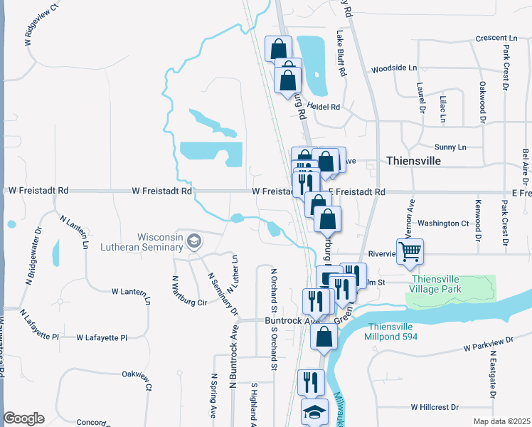 map of restaurants, bars, coffee shops, grocery stores, and more near 214 Williamsburg Drive in Thiensville