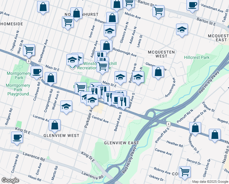 map of restaurants, bars, coffee shops, grocery stores, and more near 15 Adair Avenue South in Hamilton