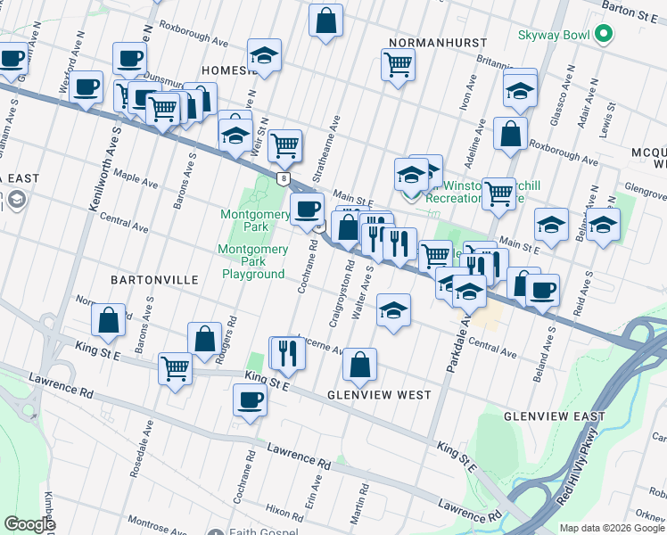 map of restaurants, bars, coffee shops, grocery stores, and more near 155 Rosewood Road in Hamilton