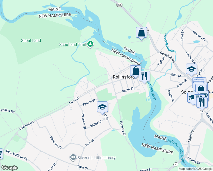 map of restaurants, bars, coffee shops, grocery stores, and more near 629 Main Street in Rollinsford