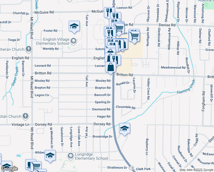 map of restaurants, bars, coffee shops, grocery stores, and more near 30 Brayton Road in Rochester