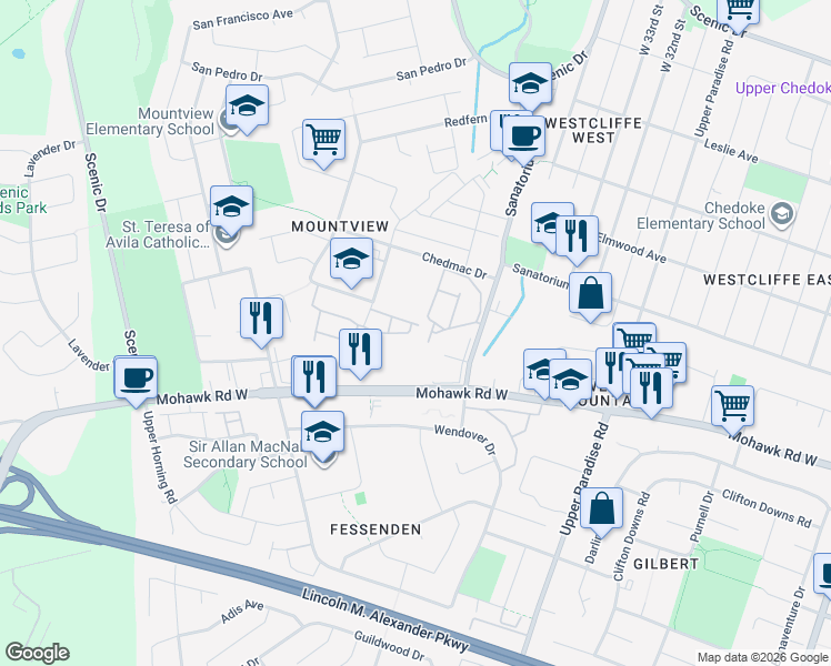 map of restaurants, bars, coffee shops, grocery stores, and more near 7 Southside Place in Hamilton