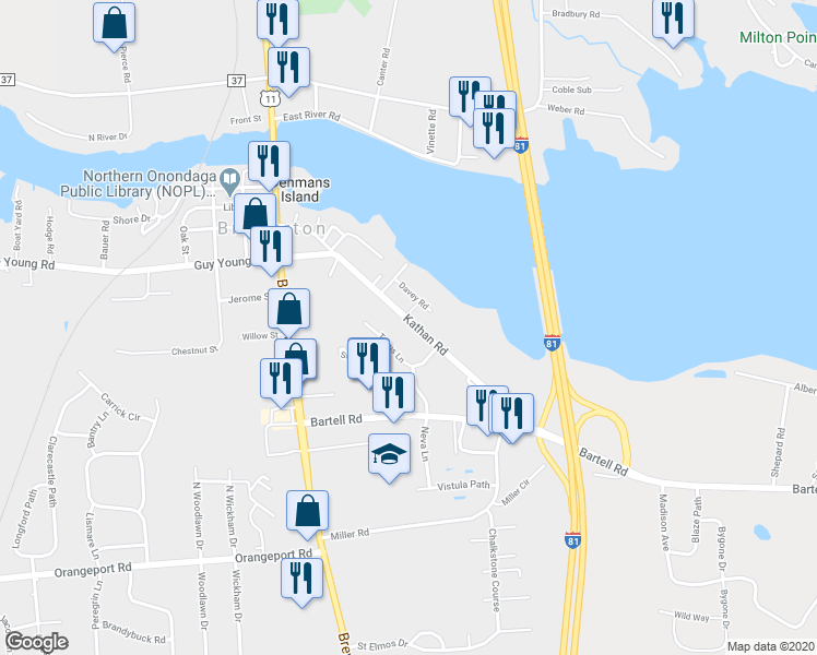 map of restaurants, bars, coffee shops, grocery stores, and more near 5541 Kathan Road in Brewerton