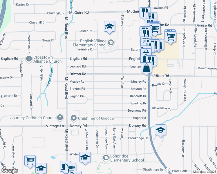 map of restaurants, bars, coffee shops, grocery stores, and more near 234 Mosley Road in Rochester