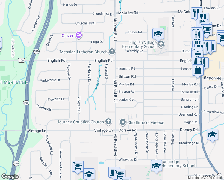 map of restaurants, bars, coffee shops, grocery stores, and more near 4171 Mount Read Boulevard in Rochester