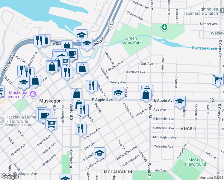 map of restaurants, bars, coffee shops, grocery stores, and more near 185 Amity Avenue in Muskegon