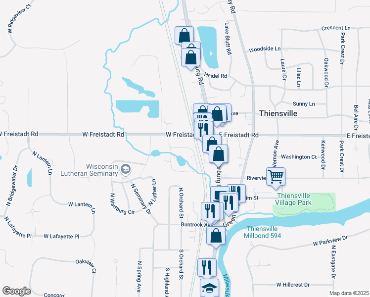 map of restaurants, bars, coffee shops, grocery stores, and more near 12325 West Freistadt Road in Mequon