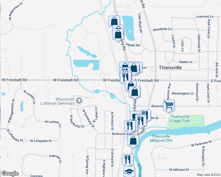 map of restaurants, bars, coffee shops, grocery stores, and more near 12325 West Freistadt Road in Mequon