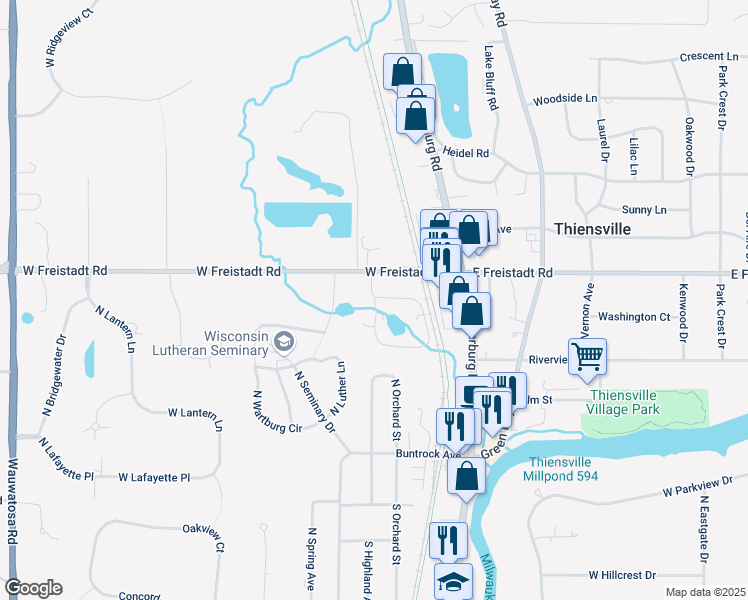 map of restaurants, bars, coffee shops, grocery stores, and more near 245 Williamsburg Drive in Thiensville