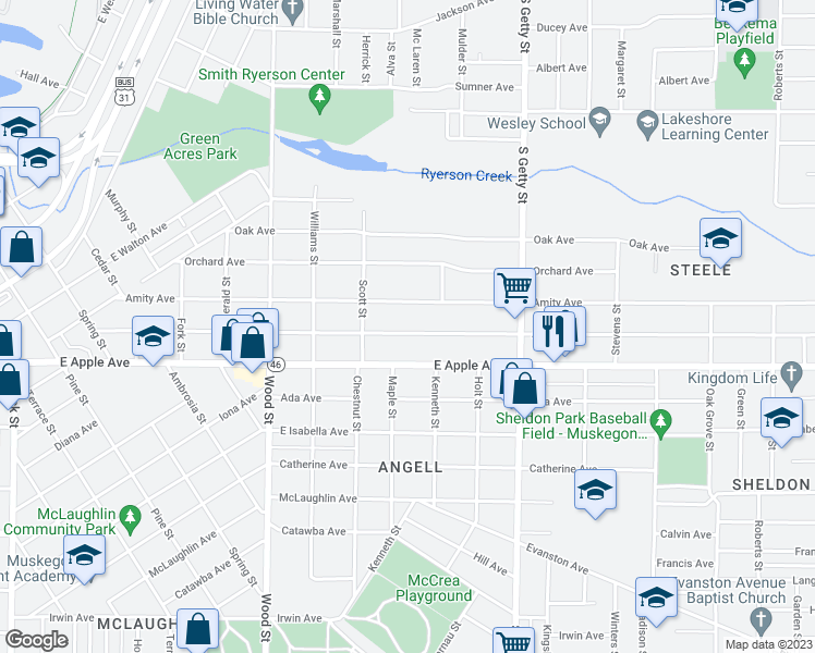 map of restaurants, bars, coffee shops, grocery stores, and more near 620 Allen Avenue in Muskegon