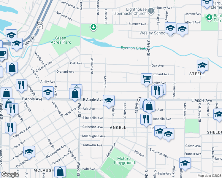 map of restaurants, bars, coffee shops, grocery stores, and more near 601 Amity Avenue in Muskegon