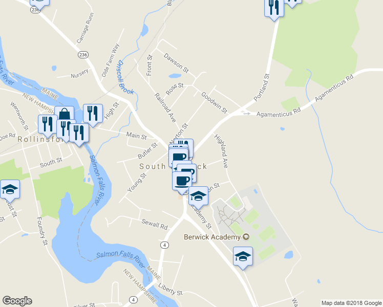 map of restaurants, bars, coffee shops, grocery stores, and more near 84 Portland Street in South Berwick