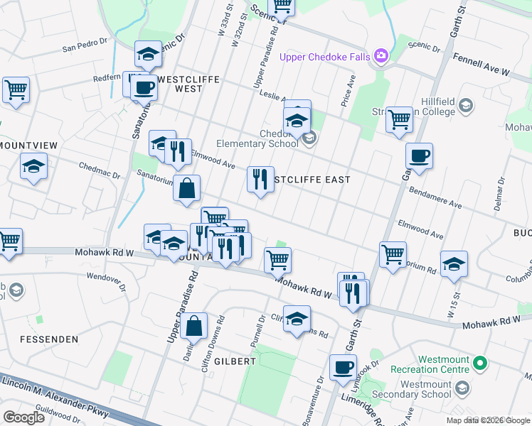 map of restaurants, bars, coffee shops, grocery stores, and more near 171 West 27th Street in Hamilton