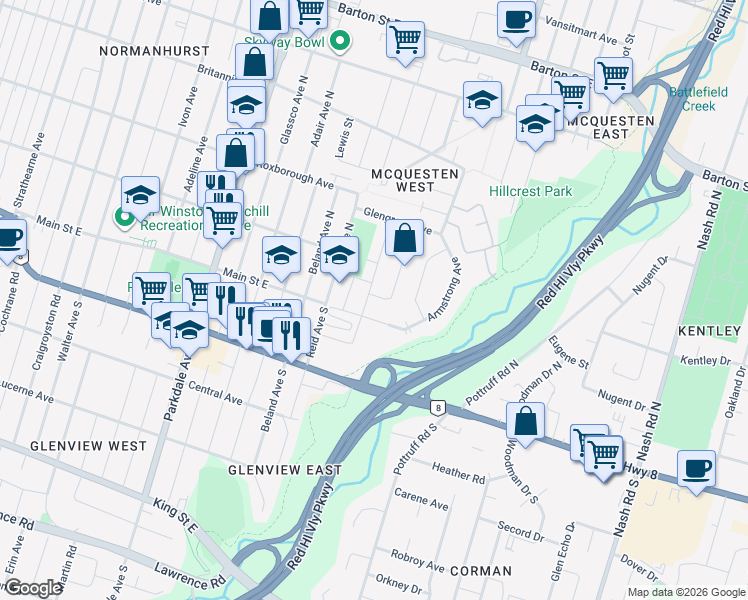 map of restaurants, bars, coffee shops, grocery stores, and more near in Hamilton