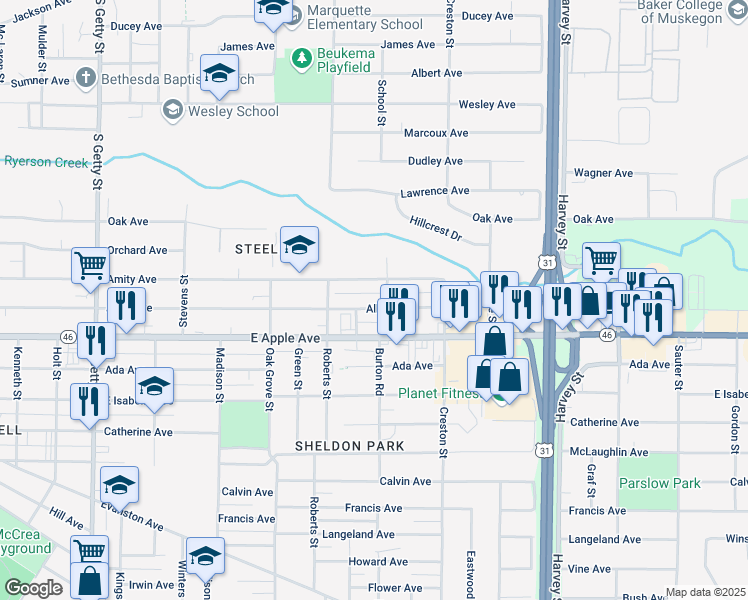map of restaurants, bars, coffee shops, grocery stores, and more near 1269 Amity Avenue in Muskegon