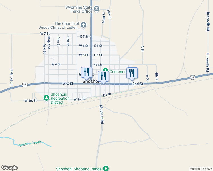 map of restaurants, bars, coffee shops, grocery stores, and more near 127 Main Street in Shoshoni