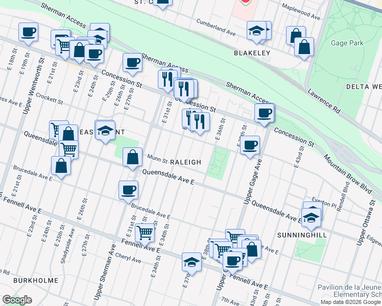 map of restaurants, bars, coffee shops, grocery stores, and more near 85 East 34th Street in Hamilton