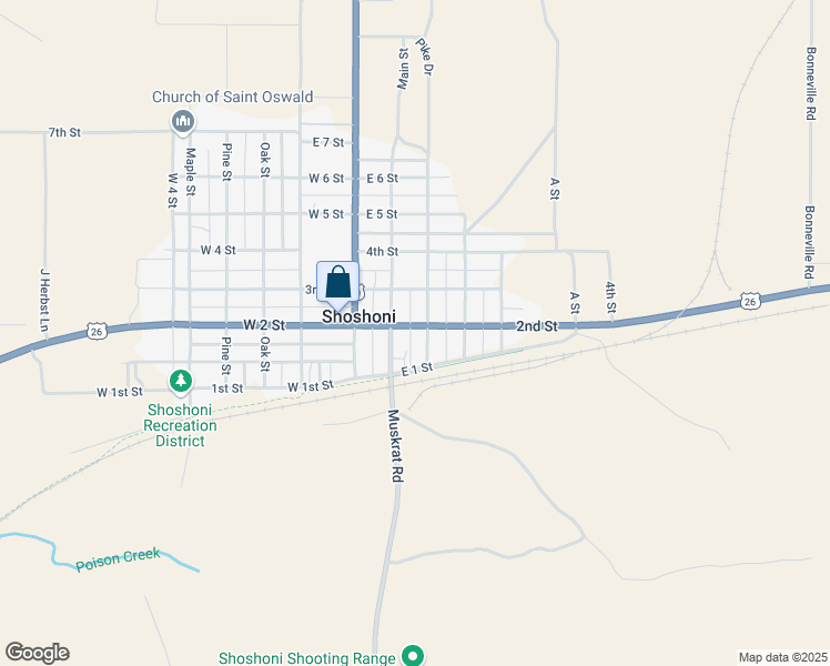 map of restaurants, bars, coffee shops, grocery stores, and more near 127 Main Street in Shoshoni