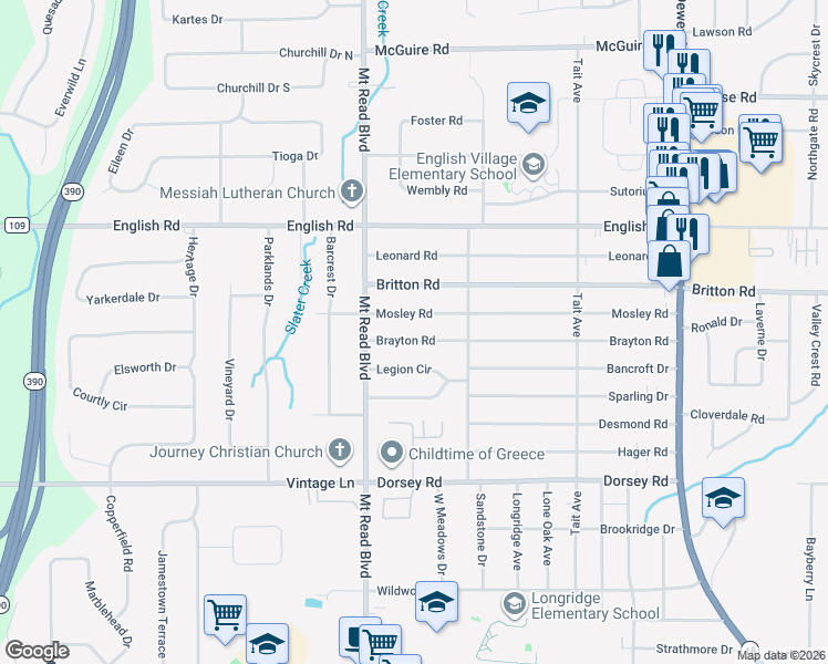 map of restaurants, bars, coffee shops, grocery stores, and more near 338 Mosley Road in Rochester