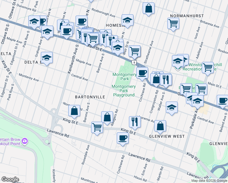 map of restaurants, bars, coffee shops, grocery stores, and more near 51 Weir Street South in Hamilton