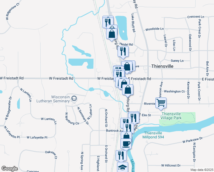 map of restaurants, bars, coffee shops, grocery stores, and more near Williamsburg Drive in Thiensville