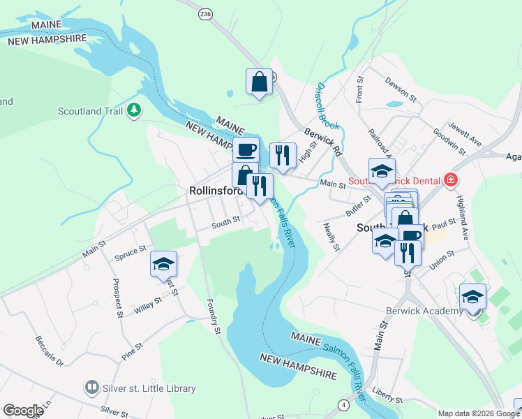 map of restaurants, bars, coffee shops, grocery stores, and more near 3 Front Street in South Berwick