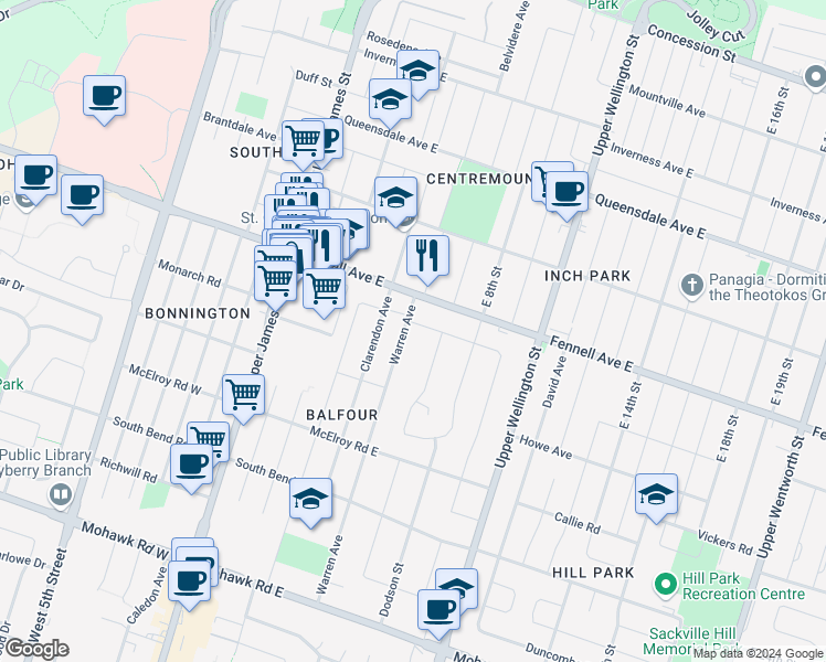 map of restaurants, bars, coffee shops, grocery stores, and more near 4 Welbourn Drive in Hamilton