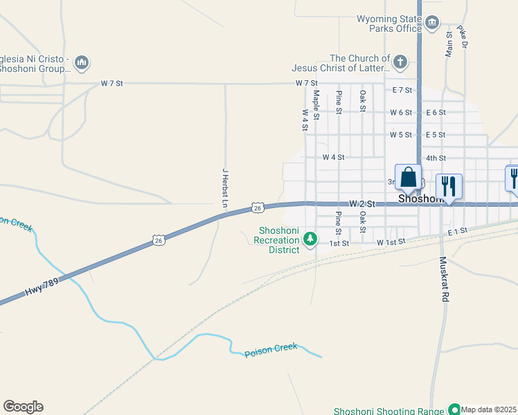 map of restaurants, bars, coffee shops, grocery stores, and more near U.S. Highway 26 in Shoshoni