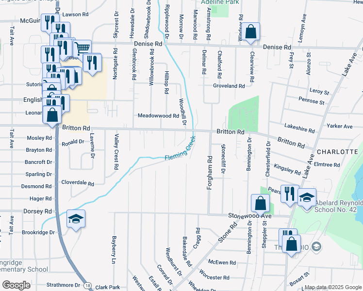 map of restaurants, bars, coffee shops, grocery stores, and more near 419 Britton Road in Rochester