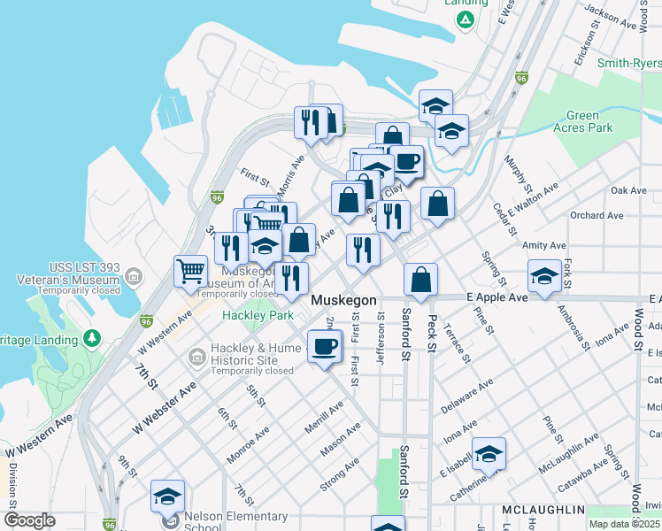 map of restaurants, bars, coffee shops, grocery stores, and more near 929 First Street in Muskegon