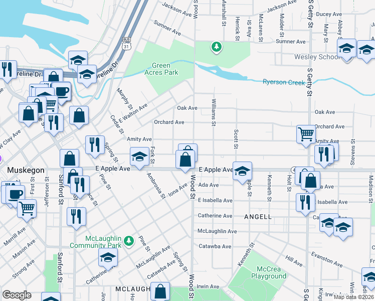 map of restaurants, bars, coffee shops, grocery stores, and more near 361 Amity Avenue in Muskegon