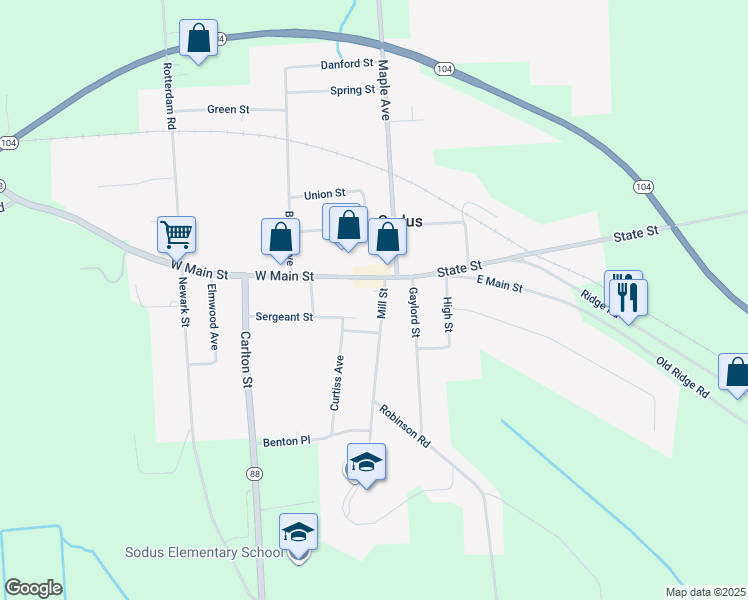 map of restaurants, bars, coffee shops, grocery stores, and more near 23 West Main Street in Sodus