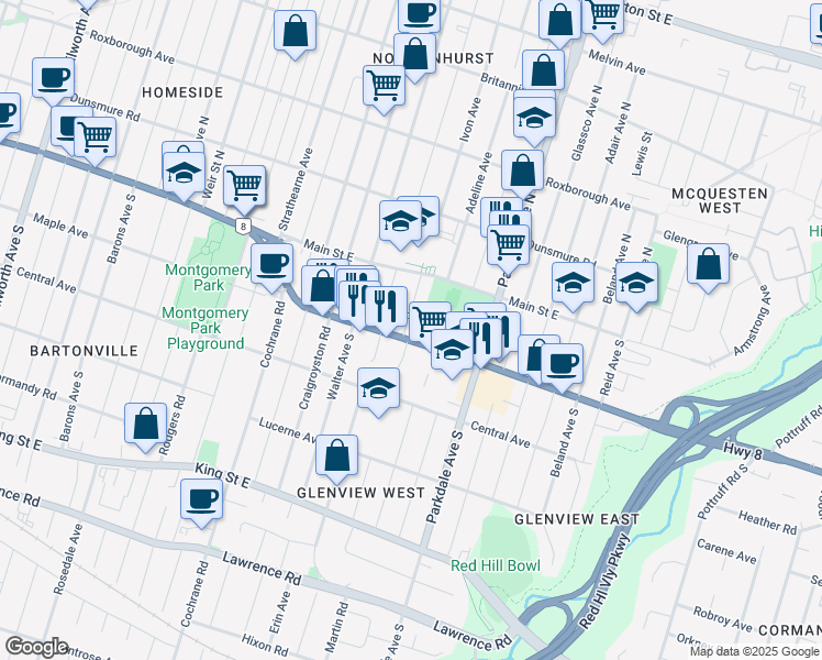map of restaurants, bars, coffee shops, grocery stores, and more near 29 Isabel Avenue in Hamilton