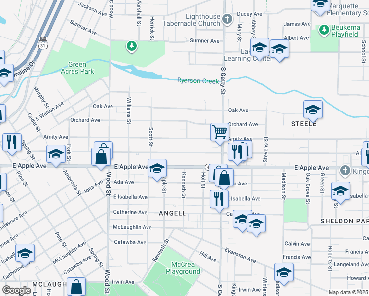 map of restaurants, bars, coffee shops, grocery stores, and more near 669 Amity Avenue in Muskegon