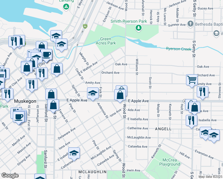 map of restaurants, bars, coffee shops, grocery stores, and more near 305 Amity Avenue in Muskegon