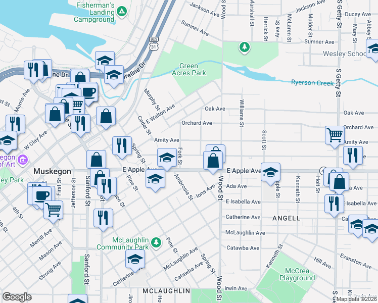 map of restaurants, bars, coffee shops, grocery stores, and more near 305 Amity Avenue in Muskegon