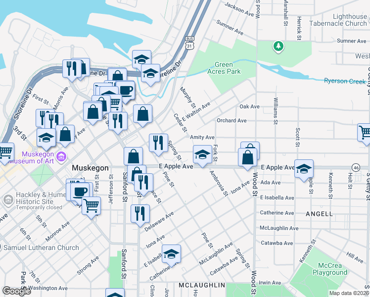 map of restaurants, bars, coffee shops, grocery stores, and more near 185 Amity Avenue in Muskegon