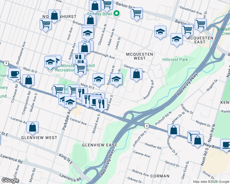 map of restaurants, bars, coffee shops, grocery stores, and more near in Hamilton