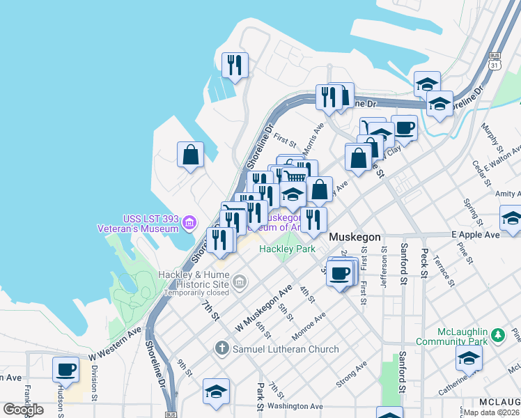 map of restaurants, bars, coffee shops, grocery stores, and more near 955 3rd Street in Muskegon