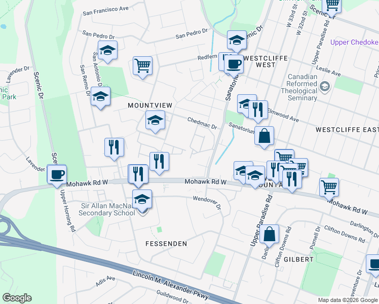 map of restaurants, bars, coffee shops, grocery stores, and more near 60 Rice Avenue in Hamilton