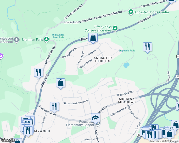 map of restaurants, bars, coffee shops, grocery stores, and more near 799 Mewburn Road in Hamilton
